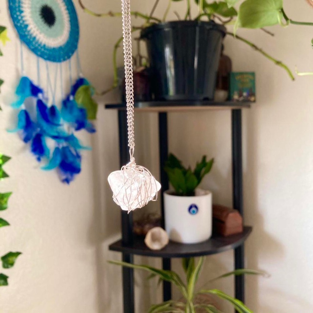 Clear quartz crystal wire wrapped silver chain necklace